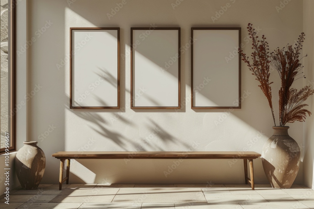 Aufkleber white wall with three empty frames and a wooden bench in front of it. the bench is empty and the roo