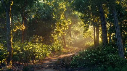 Obraz premium Golden Hour in the Forest: Serene Landscape Featuring Lush Greenery and a Meandering Pathway