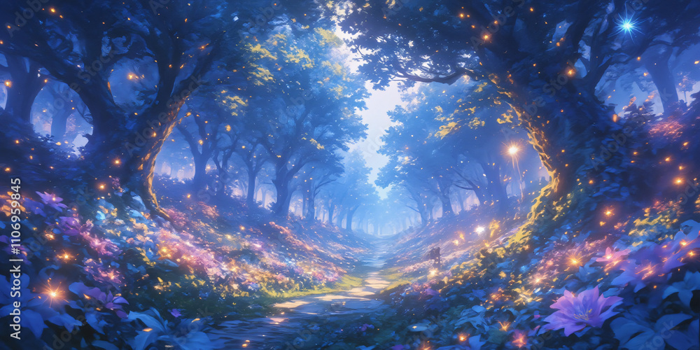 Poster a mystical forest pathway illuminated by soft light and adorned with colorful flowers, creating a se