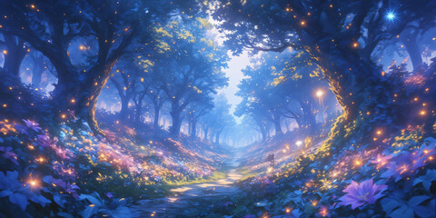 Fototapeta premium A mystical forest pathway illuminated by soft light and adorned with colorful flowers, creating a serene and enchanting atmosphere for graphic resources.