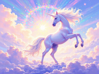 A stunning illustration of a unicorn surrounded by clouds and a radiant rainbow, featuring vibrant colors and a magical atmosphere for graphic resources.