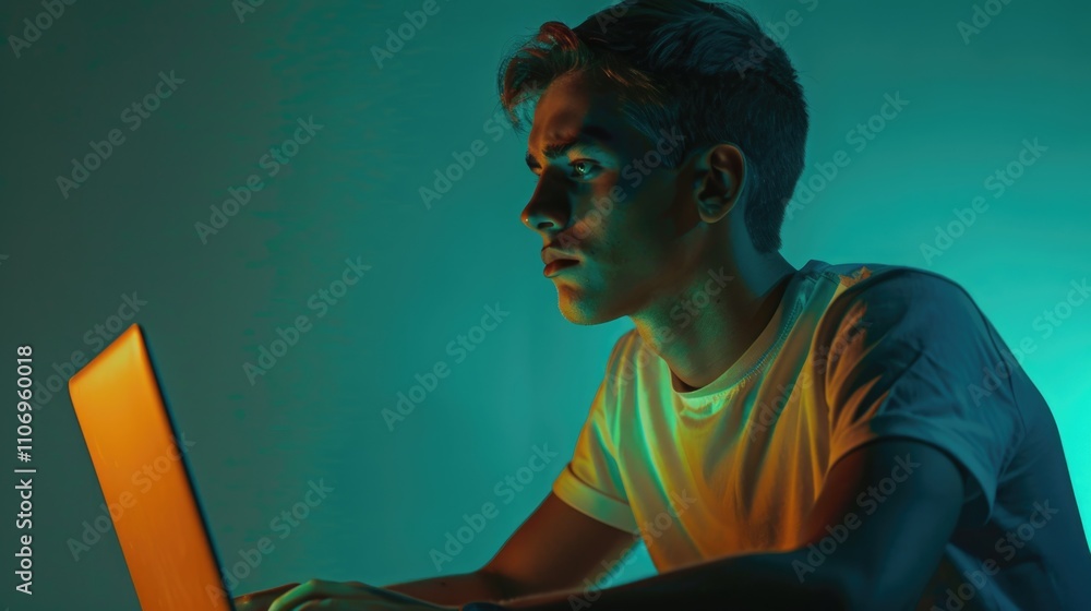 Aufkleber man is sitting in front of a laptop computer, looking at the screen. concept of focus and concentrat