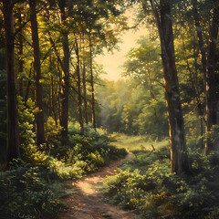 Fototapeta premium Golden Hour in the Forest: Serene Landscape Featuring Lush Greenery and a Meandering Pathway