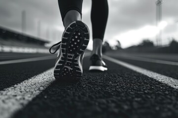 Person is running on a track with their feet in the air. The image is in black and white and has a mood of determination and focus