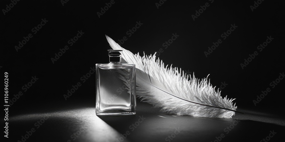 Poster bottle of perfume is on a table next to a feather. the bottle is clear and the feather is white. the
