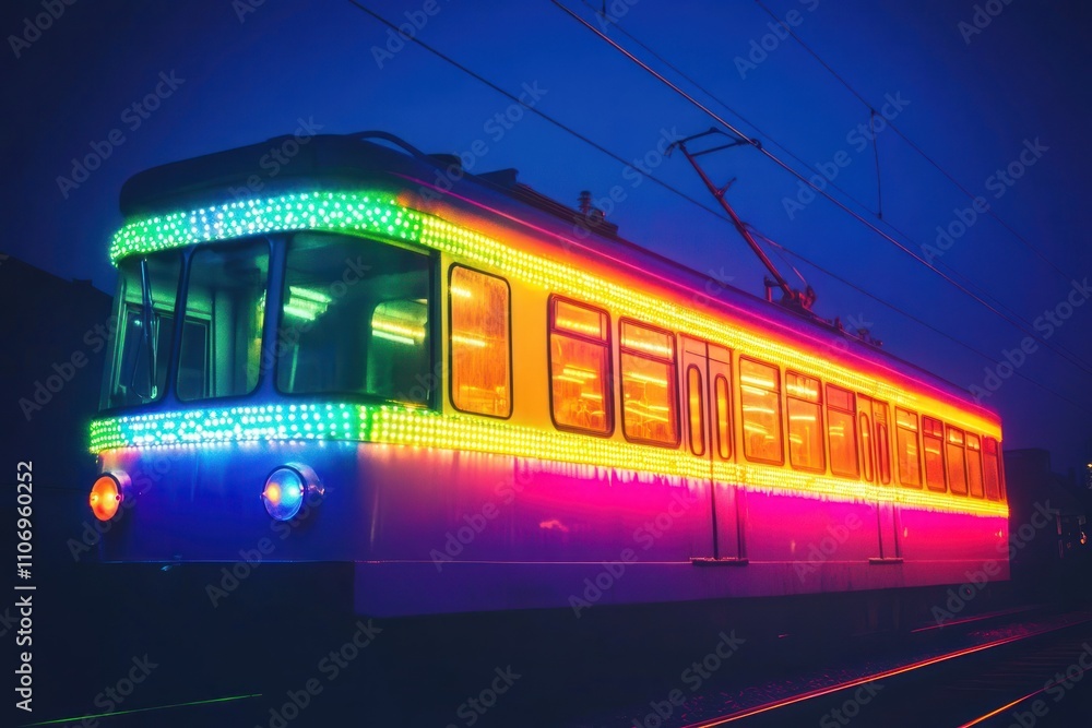 Poster a brightly lit train adorned with colorful lights at night, showcasing a festive atmosphere.