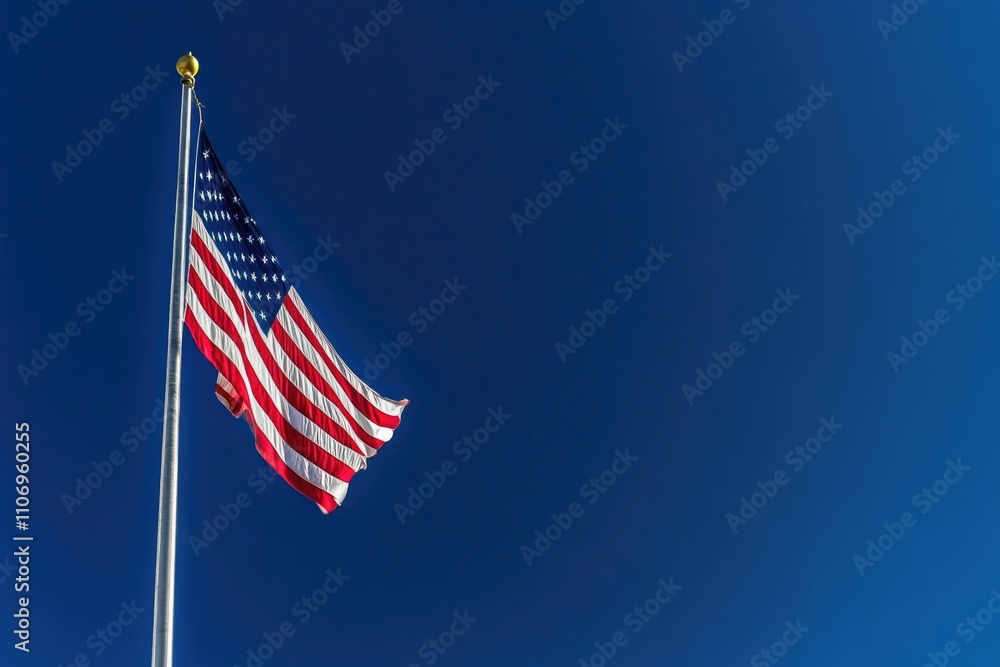 Poster red and white american flag is flying high in the sky. the flag is on a pole and is the only object 