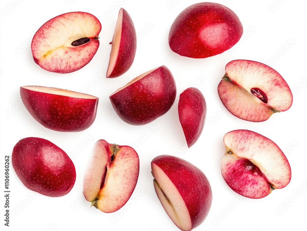 Sticker Close up of a red apple with a bite taken out of it. The apples are cut in half and arranged in a row