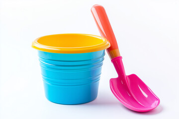 Colorful kid beach toy for sand spading, Selective focus sand bucket at the beach isolated on white background, Bucket and spade for sand castle making.
