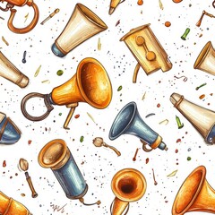 Flat style seamless pattern with various megaphones, isolated on a white background, lively.