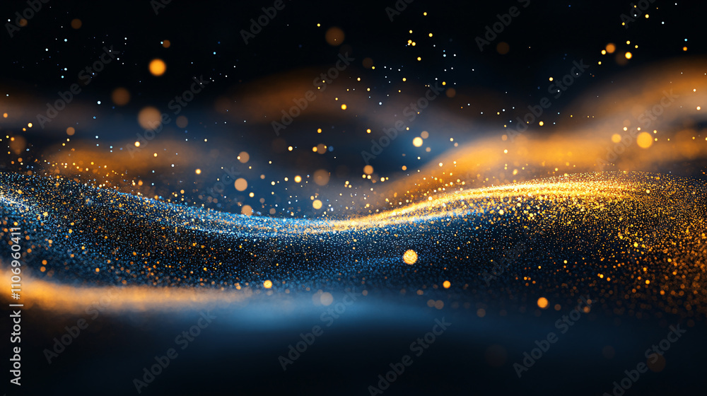Poster a mesmerizing abstract image of golden sparkles swirling through a dark background, creating a sense