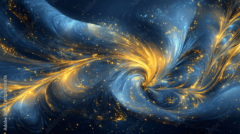 Poster an intricate abstract illustration showing blue and gold swirling patterns with sparkling elements, 