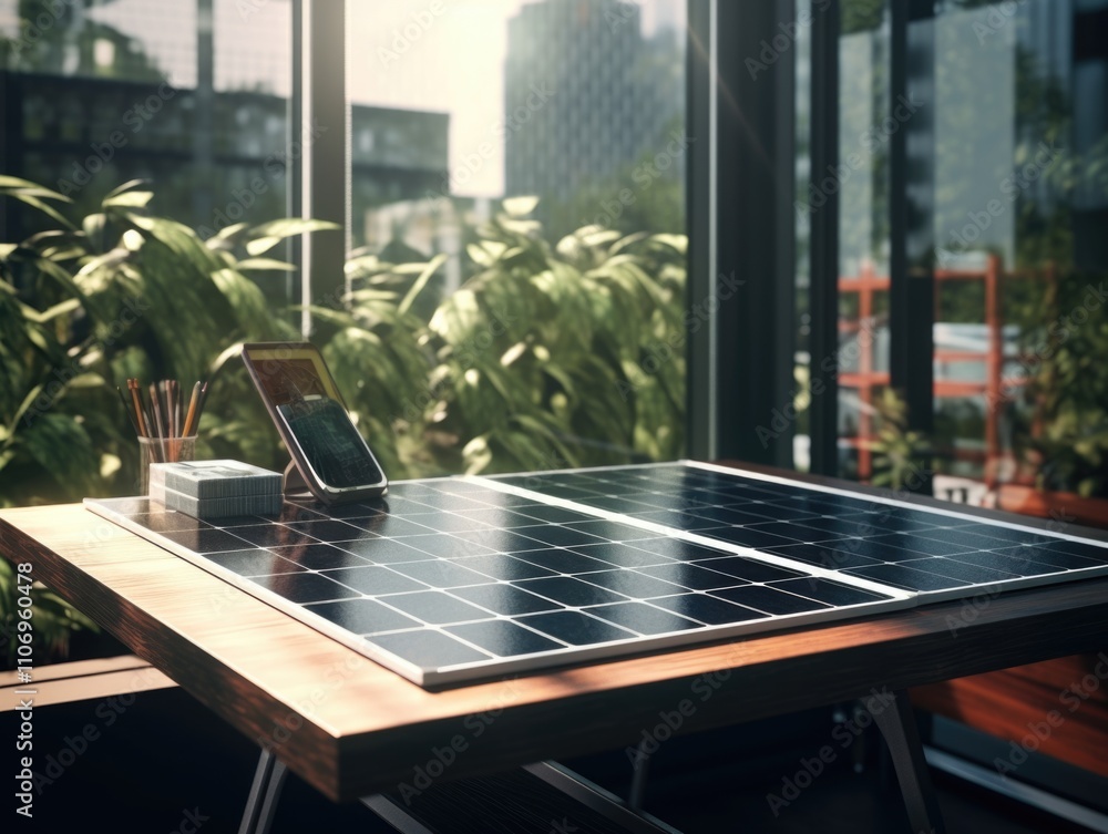 Poster table with a solar panel on it and a cell phone and a pen on it. the table is in a room with a view 