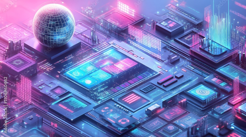 Poster futuristic digital globe on a complex technological circuit board.