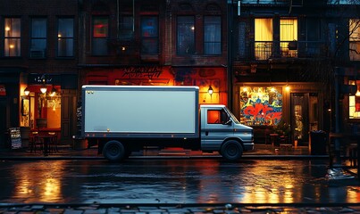 Delivery Truck Parked On A Rainy City Street At Night