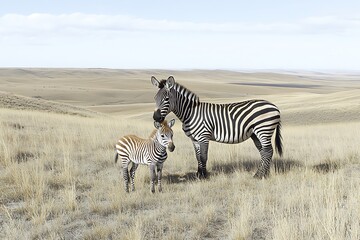 Naklejka premium Plains Zebra Adult And Foal In Grassland Habitat