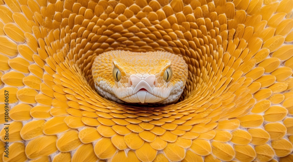 Poster a close-up of a yellow snake coiled in a mesmerizing pattern.