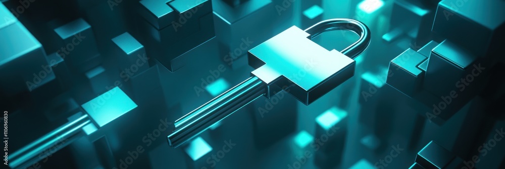 Poster a digital padlock amidst a futuristic, abstract background representing cybersecurity.