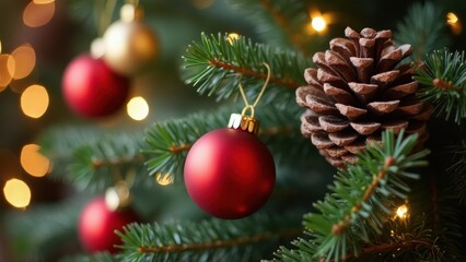 Decorative Red Ornaments and Pine Cones on a Festive Christmas Tree Celebrating the Holiday Season