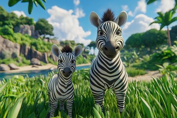 Two Adorable Cartoon Zebras In Lush Green Grass