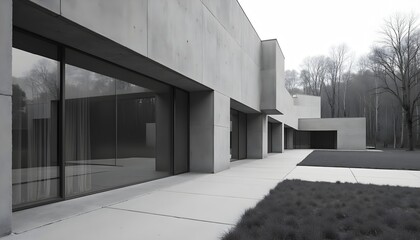 Obraz premium An abstract architectural structure composed of overlapping and intersecting layers, with trees visible in the distance. The overall style is minimalism and geometricism