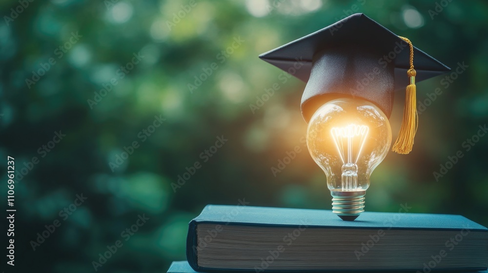 Poster light bulb is on top of a book with a cap on it. concept of knowledge and learning, as the light bul