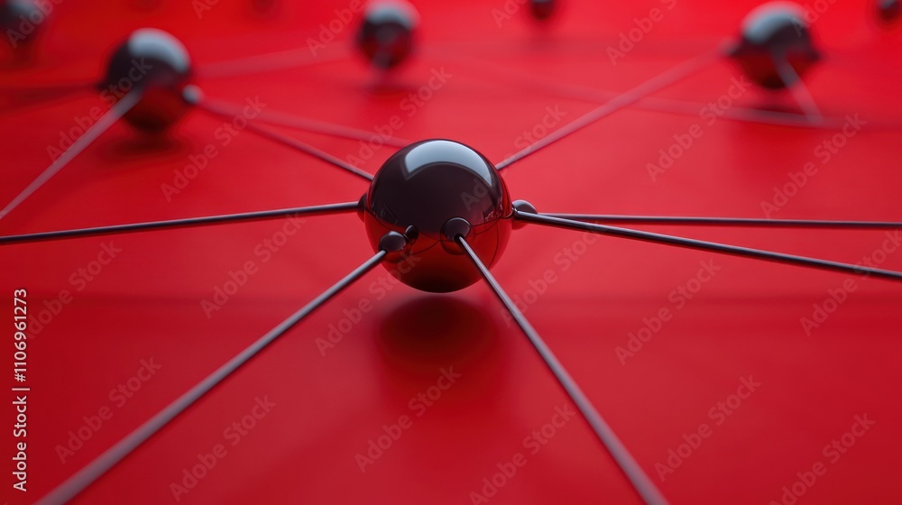 Fototapete a close-up view of interconnected spheres and lines on a red background, suggesting a network.