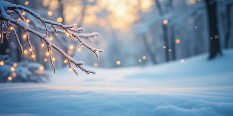 A snowy landscape with softly lit branches covered in snow, creating a magical winter scene with warm lights twinkling in the background for lifestyle.