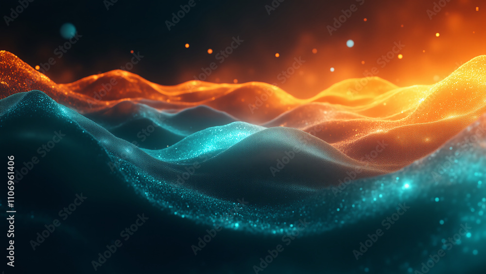Poster an abstract image of glowing waves in blue and orange tones, creating a dynamic and vibrant visual e