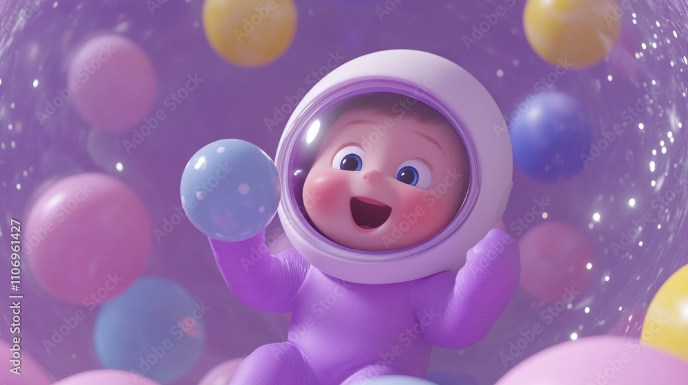 Aufkleber A joyful baby in a space suit plays with bubbles in a colorful, whimsical environment.