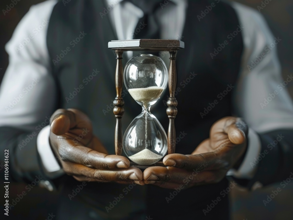 Aufkleber man is holding a sand timer in his hands. concept of time passing and the importance of being mindfu