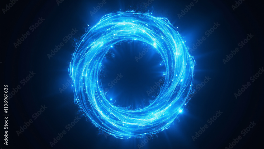 Poster a circular abstract design filled with glowing blue particles, creating a sense of energy and motion