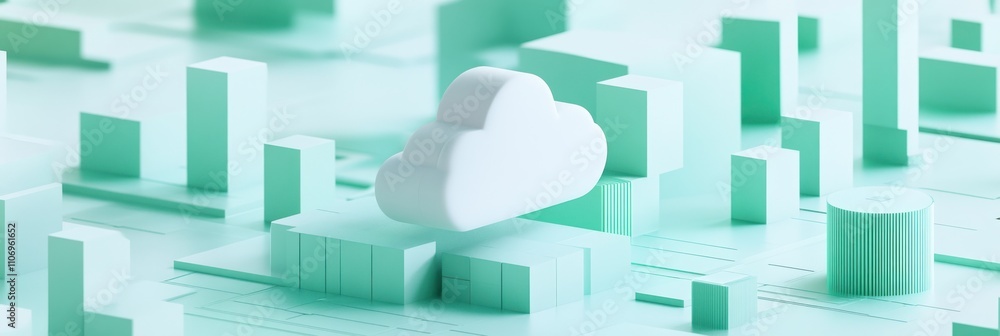 Leinwandbilder A stylized cloud icon amidst abstract city structures, representing digital technology and cloud computing.