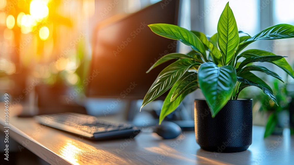 Poster A vibrant office setting showcasing a SaaS-driven environment for optimizing resource management Stock Photo with side copy space