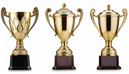 Collection of winner golden trophy cup isolated on white background