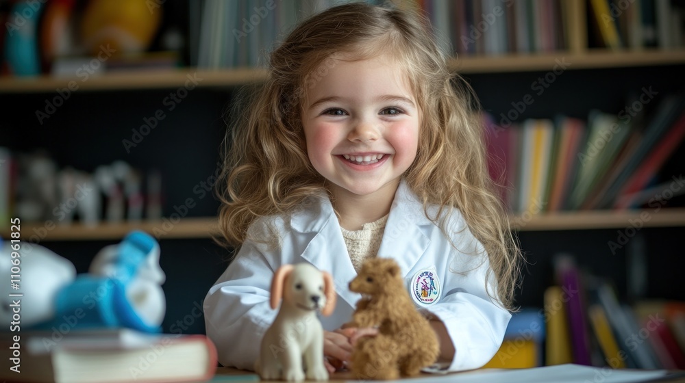 Poster a smiling girl in a lab coat playing with toy animals on a table.