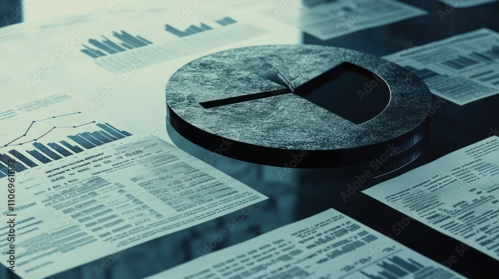 Poster A collection of reports and charts on a table, featuring a pie chart for data analysis.