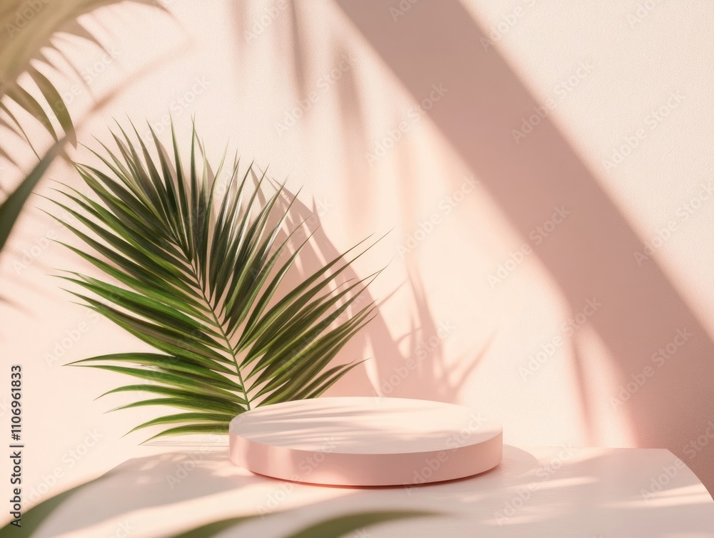 Poster model of a palm tree is placed on a pink background. the palm tree is made of a material that looks 