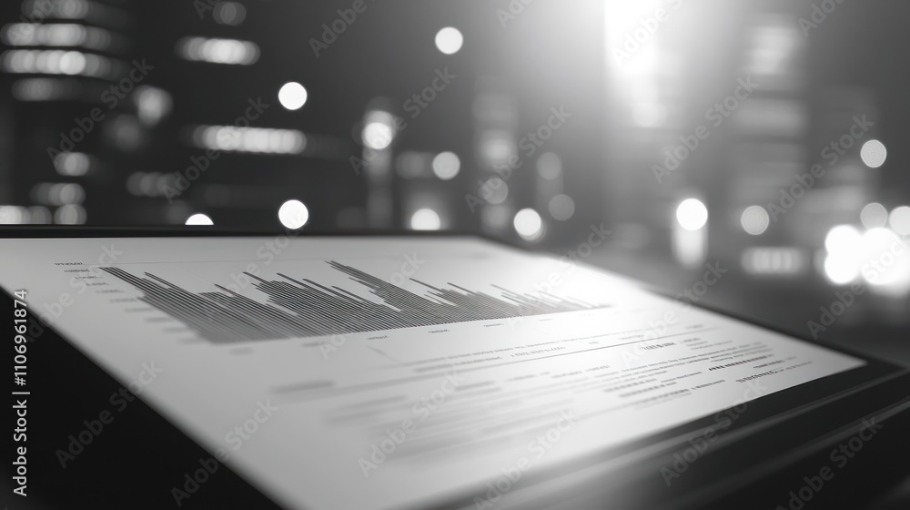Poster A black-and-white image of a data visualization display with blurred city lights in the background.