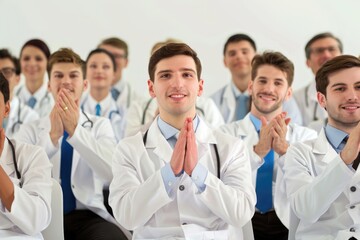 Fototapeta premium Group of doctors are clapping and smiling at a presentation. Scene is positive and celebratory