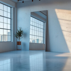 An empty white wall, with a mirror from floor.