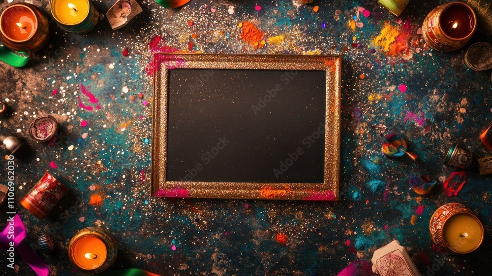 Poster a colorful arrangement featuring a blank frame surrounded by candles and vibrant powders.