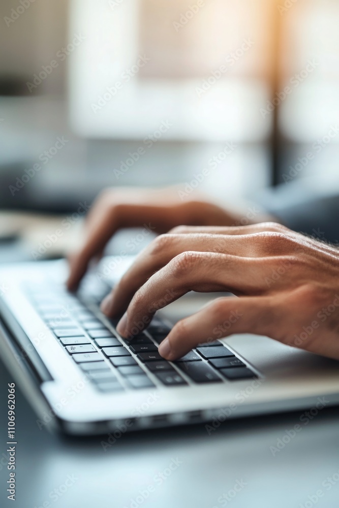 Poster man is typing on a laptop computer. concept of productivity and focus, as the man is likely working 
