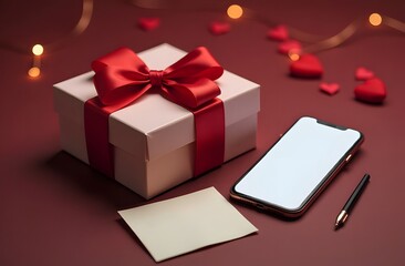 Mockup of smartphone next to gift box with red bow on table, rose petals. Valentine's Day gift