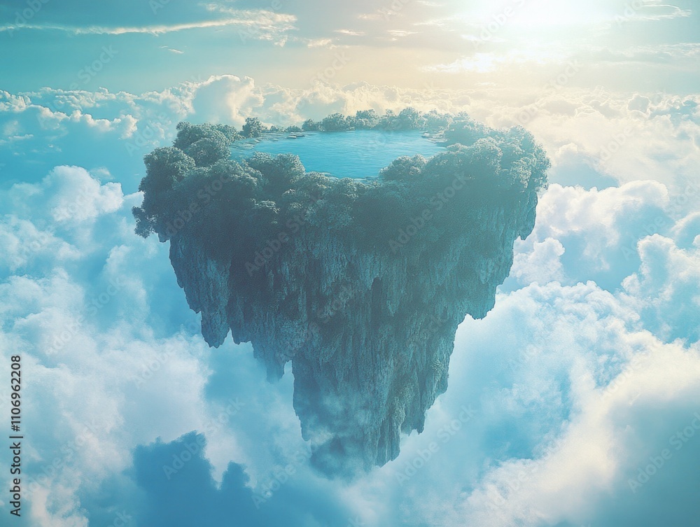 Poster blue sky with a mountain in the middle and a lake at the bottom. the mountain is surrounded by cloud