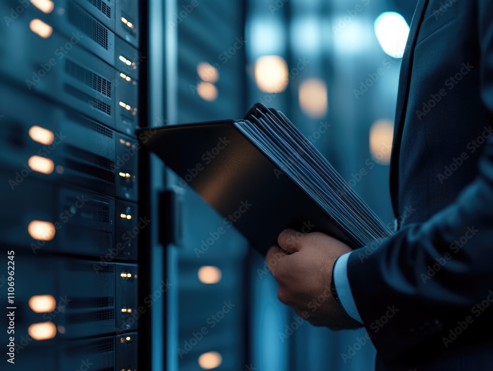 Poster man in a suit is holding a folder in front of a row of servers. the servers are black and the man is