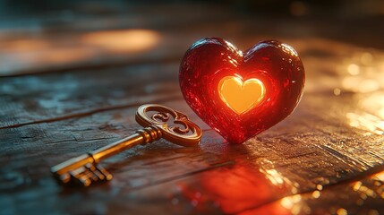 Glowing Heart Key Wooden Surface Romance Love