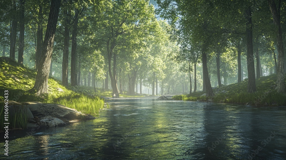 Poster forest with a river running through it. the water is calm and the sun is shining through the trees