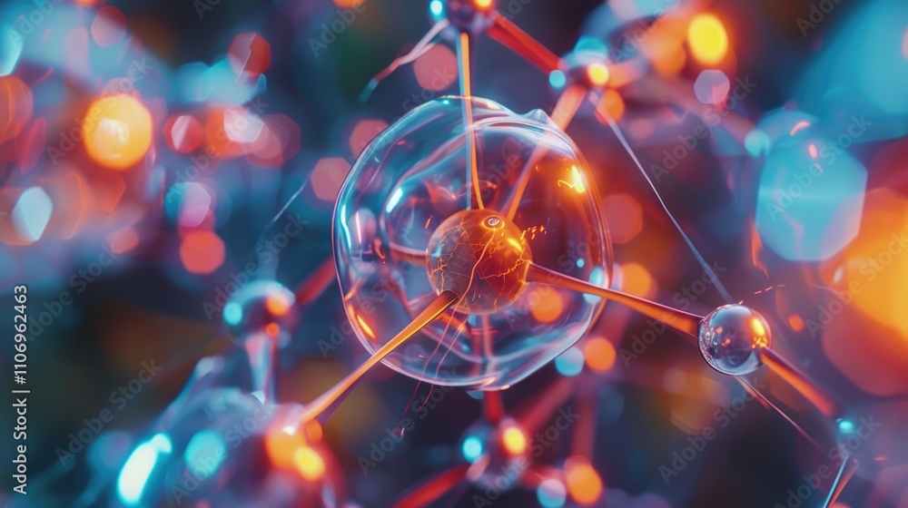 Poster close up of a cell with many small spheres and wires. the spheres are glowing and the wires are glow