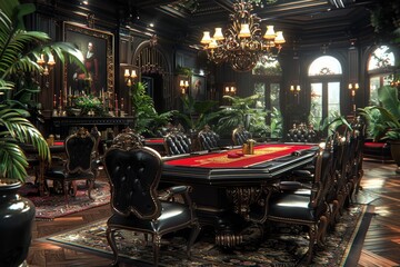 Elegant gaming room with lush greenery and antique decor at dusk, featuring a luxurious table and opulent chandelier